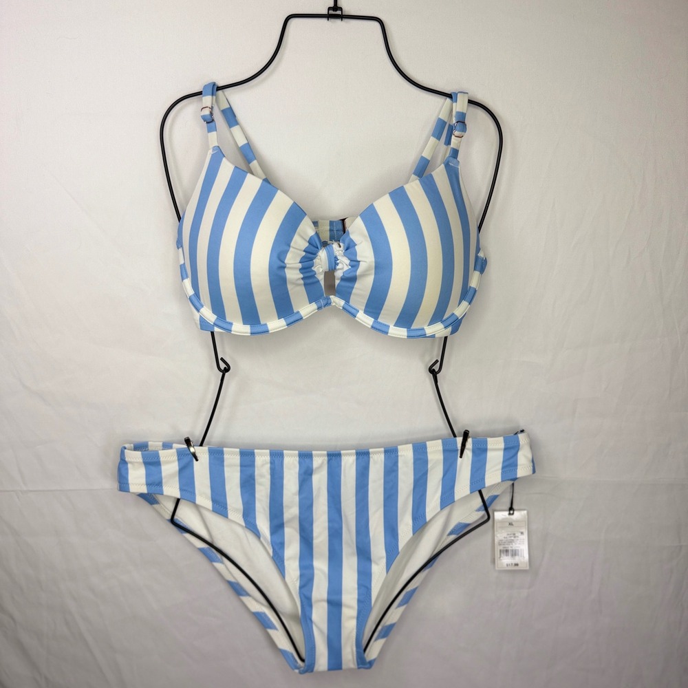 Shade & Shore Bikini Set Womens 36C/XL Blue White Striped Cheeky Sun Coast